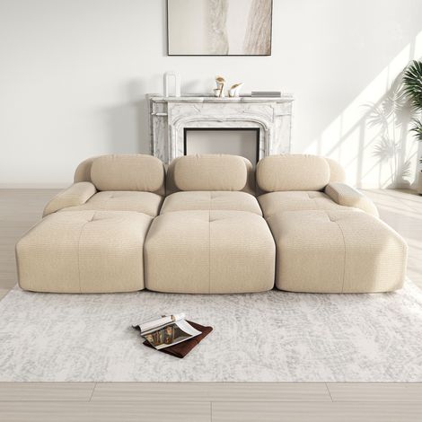 Canapé d’angle modulaire en tissu côtelé beige, sans montage, avec 3 poufs (1/5)