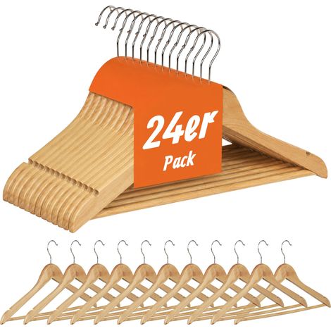 Relaxdays Kleiderbügel Set, 24 Hosenbügel aus Holz, Garderobenbügel, Haken 360° drehbar, HxB: 22,5x44,5cm, natur/silber