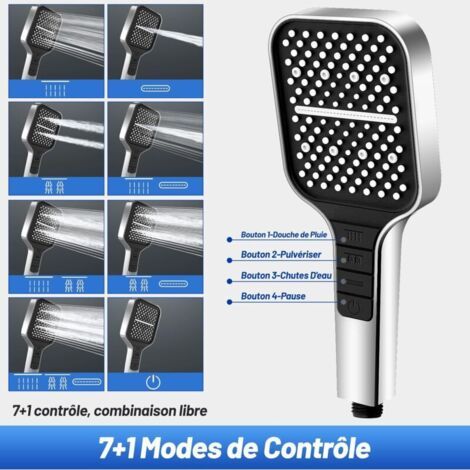 NALOOKAMIC Pommeau de Douche Economie Deau, Pommeau de Douche Haute Pression 7 Modes avec Bouton D'arrêt, Réglage D'une Seule Main et Buse en Silicone Anti-colmatage, Grand Douchette Douche(argent) (1/3)