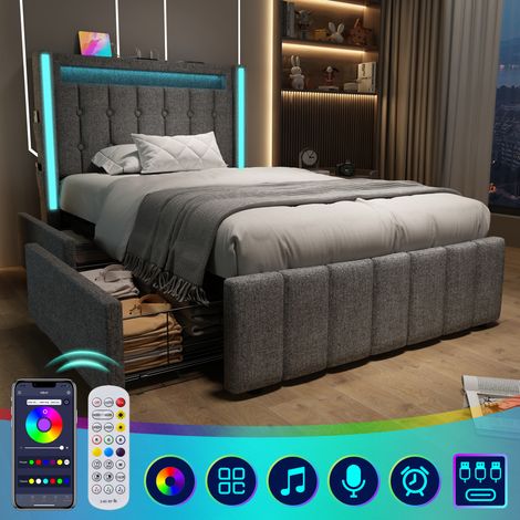 Letto singolo 90x200 cm con 2 cassetti, LED e presa USB Type C, grigio, senza materasso (1/5)