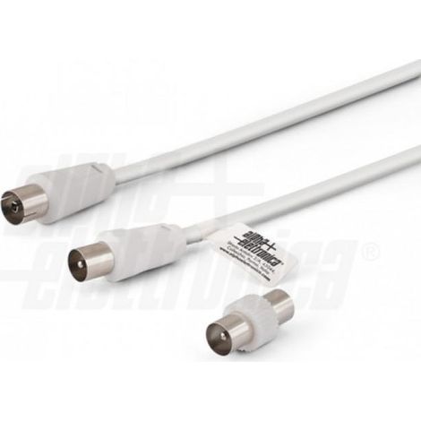 Cavo da spina tv a presa tv coax d 9,5mm con adattatore m/m bianco 2m alpha elettronica 87-012w/02b (1/3)