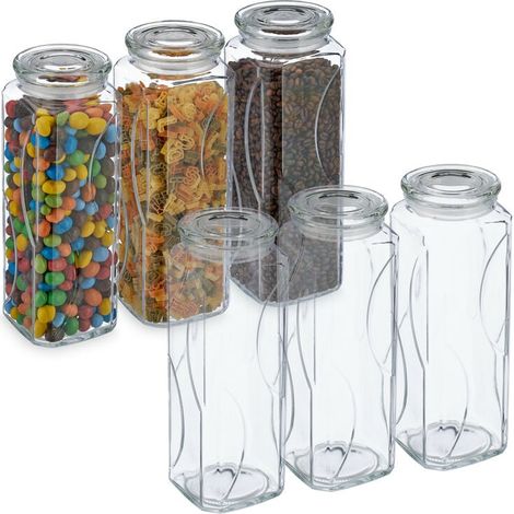 Bocal en verre avec couvercle, lot pratique de 6, 1650 ml, rectangulaire, hermétique, transparent (1/5)