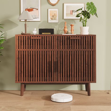 Buffet en bois massif, 100 x 35 x 80 cm, 2 portes et 2 tiroirs rangement optimisé, pour la salle à manger, salon, cuisine, couleur noyer (1/5)