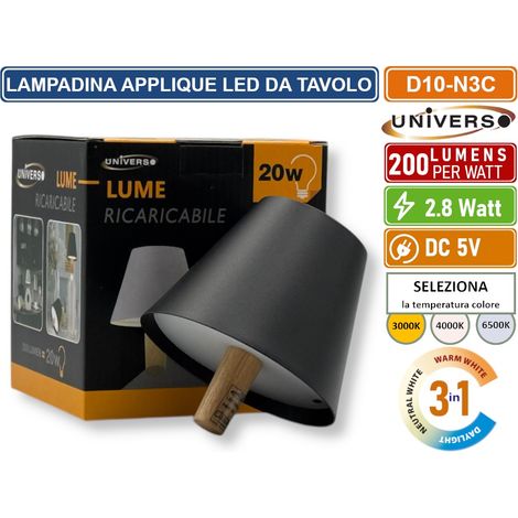 UNIVERSO D10-N3C LAMPADA LED RICARICABILE DA TAVOLO PER BOTTIGLIE COLORE LUCE SELEZIONABILE CCT 3in1 (1/5)