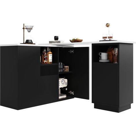 Table bar pivotante à 360° (corps principal 210x30x100,9 cm),design moderne et épuré noir,avec rangement ouvert et plan de travail effet marbre,îlot de rangement multifonction,adapté pour cuisine (1/5)