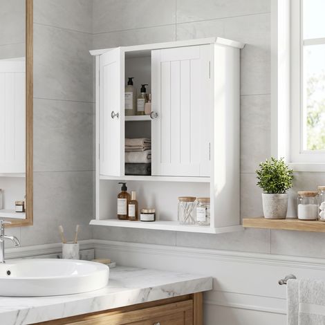 URBAN MEUBLE Armoire à Pharmacie Suspendue, Placard de Salle de Bain 2 Portes avec Étagères Réglables, Blanc
