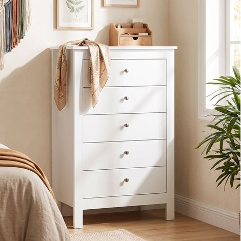 MODFU – Commode 60x39,5x95,3 cm MDF – 5 tiroirs et anti-basculement – Charge 45 kg – Chambre – Blanc (1/5)