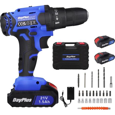 Perceuse Visseuse Sans Fil 21V, Perceuse Electrique avec LED Lampe, 25+1 Réglage du Couple, Couple Max 450N.m, 2 X 1.5Ah Rechargeable Batterie, 2 Vitesses Pour Percer Murs, Briques, Bois, Métal (1/5)