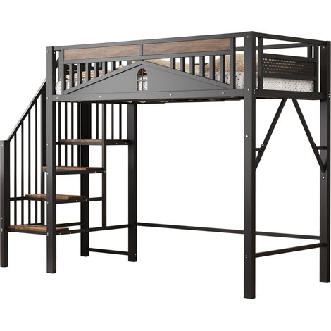 Litera alta de metal 90 x 200 cm negra con escalera de seguridad y almacenaje (1/5)