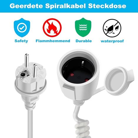 Rallonge Electrique Spirale Extensible 16A 250V Rallonge Schuko Cable Spirale Prise pour Extérieur ou Intérieur, à la Maison, au Bureau (Blanc, 0.6-1.5 m) (1/4)