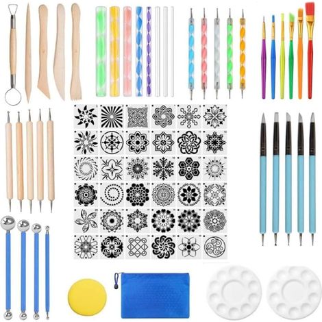 Outils de Pointage de Mandala, 78pcs Kits de Pochoir de Peinture de Mandalas Stylo Outils de Pointage Pinceaux Plateau de Peinture de Boule de Pochoir de Mandala Facile à Utiliser (1/5)