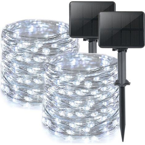 Lot de 2 Guirlande Solaire Exterieur, Totale 16m 160LED Lumineuse Étanche, 8 Modes Décoration pour Jardin Terrasse Cour Noël Mariage Fête, Blanc brillant (1/5)