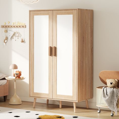 2-türiger Kleiderschrank Kinderkleiderschrank 80x46x141,5 cm mit Kleiderstange und Ablagefach Moderner Stil Naturholzoptik und Weiß