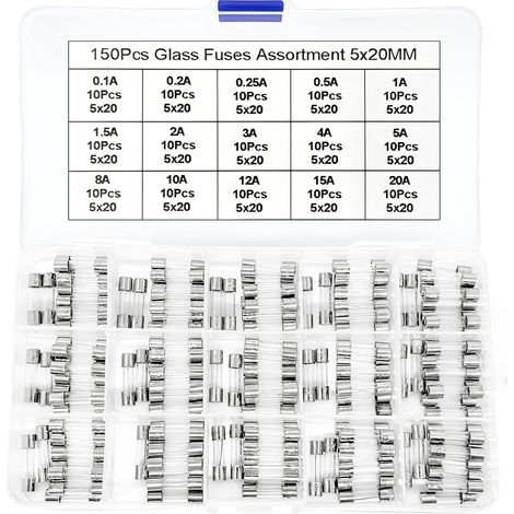 150 Pièces 15 Valeurs Assortiment de Fusibles en Verre avec Raccord Rapide, 5x20mm Fusibles à Fusion 250V 0,1 0,2 0,25 0,5 1 1,5 2 3 4 5 8 10 12 15 20A Kit de Fusible à Tube de Verre en Boîte (1/5)