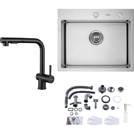 Fregadero de Cocina 55 x 45cm + Grifo de cocina con ducha extraíble en Acero inoxidable + Dispensador de Jabón 300ml y Sifón set (1/4)