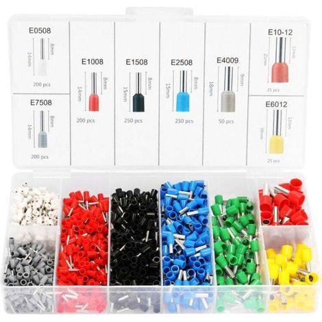 Assortiment de 1 200 connecteurs de fils électriques isolés à sertir pour tubes en E avec boîte de rangement (1/4)