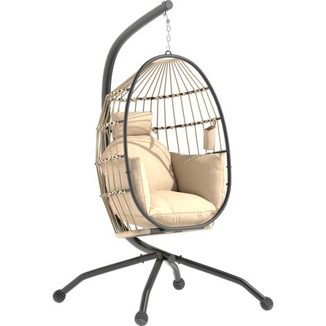 Fauteuil oeuf suspendu, intérieur et extérieur, panier pliable, coussin rembourré, cadre en acier, beige (1/5)