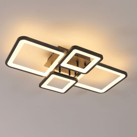 Plafonnier LED design noir 4 points lumière 56W 3000K blanc chaud - Carré 62x40cm en acrylique, luminaire moderne pour salon et chambre