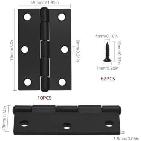 10 bisagras negras para puertas - 75 mm (3 pulgadas) Bisagras para puertas de armarios con 60 tornillos negros Bisagras para puertas interiores para muebles del hogar Bisagras para puertas de madera (1/3)