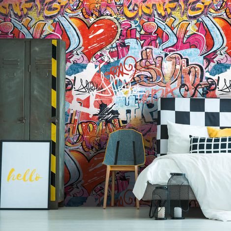 Fototapete Profhome 770631 Vliestapete glatt Graffiti matt rot blau gelb-orange weiß 1,59 m x 2,8 m