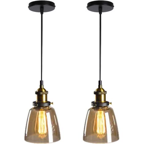 royaluxe- 2PCS Suspension Luminaire D'Intérieur Industriel Lustre Rétro E27 Plafonnier En Verre Noir Pour Chambre Cuisine Salon Restaurant