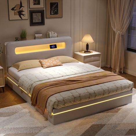 Lit coffre 160x200 cm, avec cadre de lit à lattes métalliques, éclairage LED sur le pourtour, tête de lit avec espace de rangement - velours - blanc (1/5)