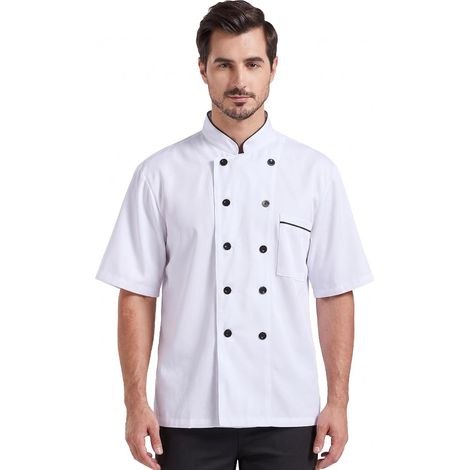 Veste de Cuisine Homme Femme Manches Longues Double Boutonnage Uniforme de Chef, Blanc, avec Poches, Manches Courtes, adapté aux restaurants et aux écoles de cuisine (1/5)