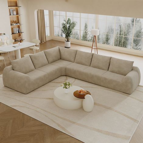 Canapé d'angle en L, canapé modulable 5 places en tissu chenille kaki, sans cadre, mousse haute élasticité, livré compressé sans montage, 334 × 267 × 85 cm, grand salon, appartement et espace détente
