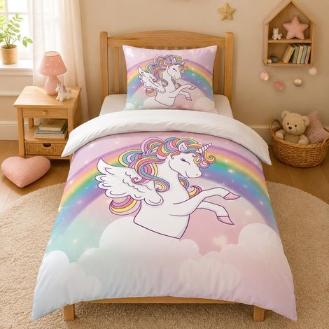 Parure de lit pour enfant motif licorne 135x200 en microfibre pour fille rose avec motif arc-en-ciel, housse de couette et taie d'oreiller 80x80 avec fermeture éclair (1/5)