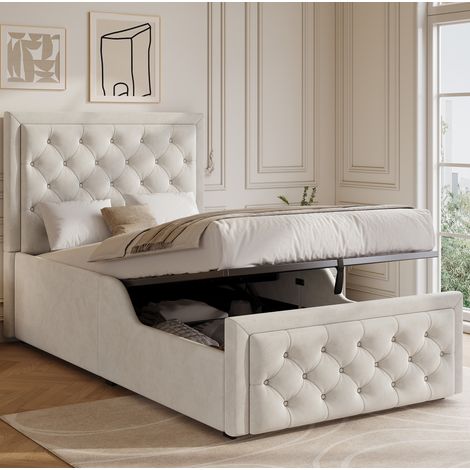 letto contenitore 90x200 velluto beige rete idraulica OKMYHOME (1/5)