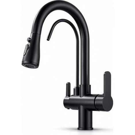 Mitigeur Évier Cuisine 3 Voies – Eau Filtrée, Chaude et Froide – Acier Inoxydable 304 Brossé – Douchette Extractible 3 Modes – Bec Pivotant 360° – Noir (1/5)