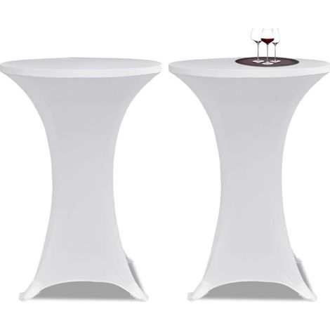 Lot de 2 nappes rondes à coins carrés en élasthanne extensible blanc 80 x 110 cm pour cocktail, mariage, anniversaire, banquet (1/5)