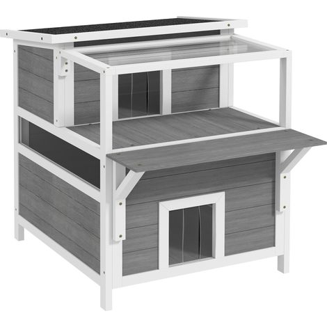 Caseta para gatos interior exterior 64 x 87 x 76 cm refugio impermeable 2 plantas balcón protegido escandinavo de madera gris claro 210007731 (1/5)