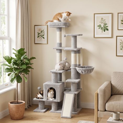 Grand arbre à chat, 152 cm de haut, avec griffoirs, niches, 2 entrées, 3 balles, hamac, 6 kg, gris clair (1/5)