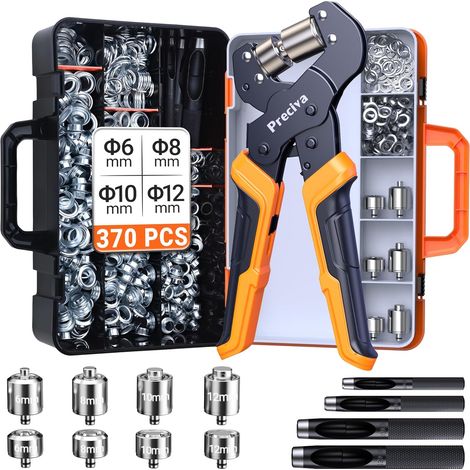 Pince à Oeillets à Cliquet avec 4 Têtes Changement Rapide, Coffret, 370 Oeillets pour Bâches (6/8/10/12mm), 4 Poinçons et Poignée Ergonomique. Idéal pour Toile, Cuir et Tissus Épais (1/5)
