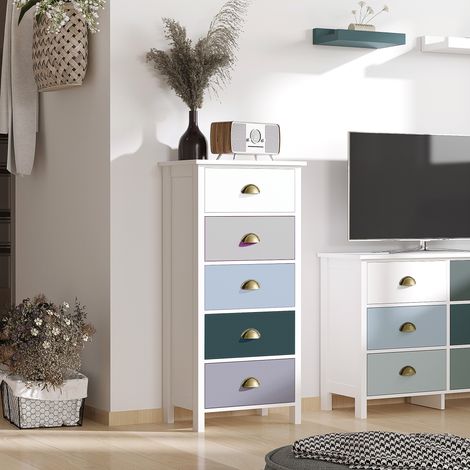 Cassettiera, mobile contenitore con 5 cassetti multicolore e maniglie a conchiglia in metallo, MDF - dimensioni: 45L x 30W x 95,4H cm