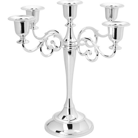 Candeliere a 5 bracci, in acciaio inox e alluminio color argento, 27 cm, per decorazione da tavola. (1/5)