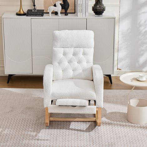 Chaise berçante en tissu bouclette blanc avec repose-pieds réglable et poches latérales, pour chambre, salon et chambre d’enfant, 65,6 x 123 x 102 cm (1/4)