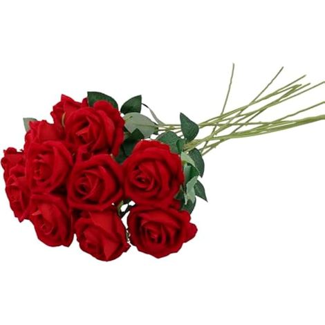 12 pièces Roses artificielles, Roses Rouges, Fleurs artificielles avec Longues tiges en Plastique pour Mariage, décoration d'intérieur (1/5)