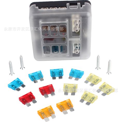 6-way positive and negative anode fuse box for automobiles, RVs, and ships with transparent cover, fuse holder, and LED light fuse pad. (1/4)