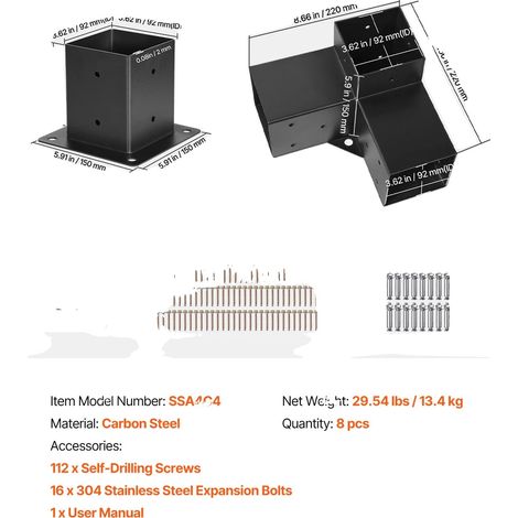 Kit de soporte para pérgola, acero al carbono duradero, versátil para uso en exteriores, 8 piezas. (1/2)