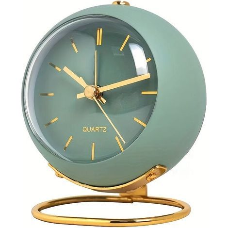 Wecker – Quarz – Rundes, salbeigrünes Zifferblatt mit goldenen Akzenten – Gewölbtes Glas – Runder Sockel – Für Schlafzimmer, Büro, Wohnzimmer – 1 Stück (1/5)