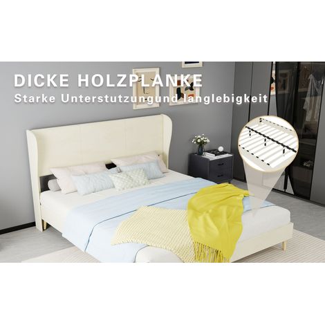 Lit rembourré beige 160 x 200 cm avec tête de lit moelleuse et matelas inclus, base basse sans rangement pour chambre et espace nuit (1/5)