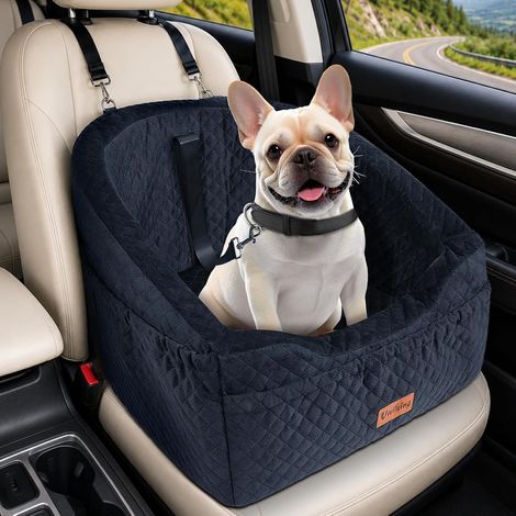 Car Seat for Small and Medium Dogs, Car Dog Basket with Safety Lead and Storage Pockets, Raised Seat for Front Seat and Back Bench, Black (1/5)