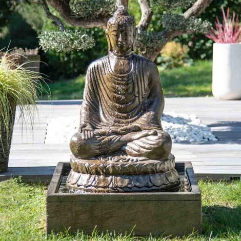 Fuente de jardí­n buda sentado con pátina 1,20 m