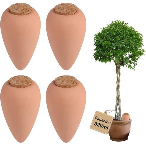 4 × 320ml Oyas Arrosage avec Liège, Arrosoir Terreau Plante Intérieur, Cône à Radis Olla pour Arrosage Automatique des Fleurs, Distributeur Eau Plante, pour Jardin, Potager, Pot en Terre Cuite