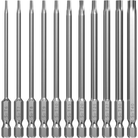 100 mm magnetisches Torx-Bit-Set (lang) – 11-teilig (T6 bis T40) – 1/4″-Sechskantschaft für Schraubendreher
