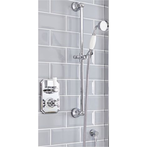 Milano Elizabeth Twin Thermostatic Mixer Shower Valve and Riser Rail Kit with Hand Shower Handset  Hose  Riser Rail and Outlet Elbow - Chrome & White (1/5)
