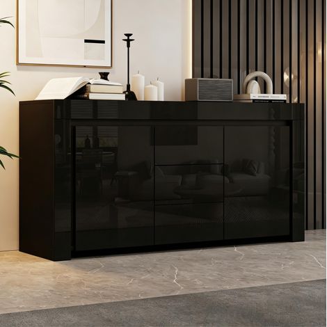 Credenza 140x40x65 cm con 2 ante, 3 cassetti, LED e ripiani regolabili, MDF nero lucido (1/5)