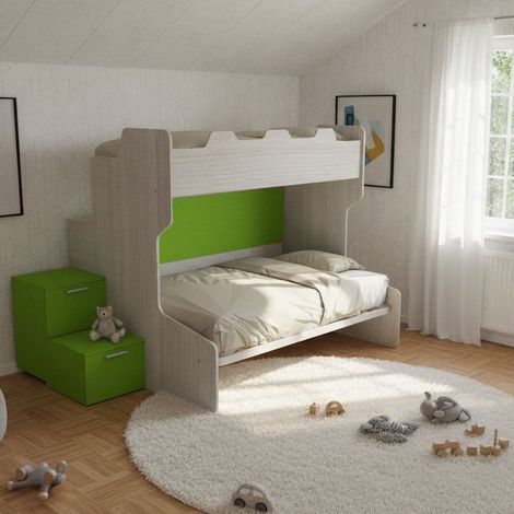 Letto a castello con gradini a cassetti e passerella - Una piazza e mezza e singola - Rovere rock e Verde mela